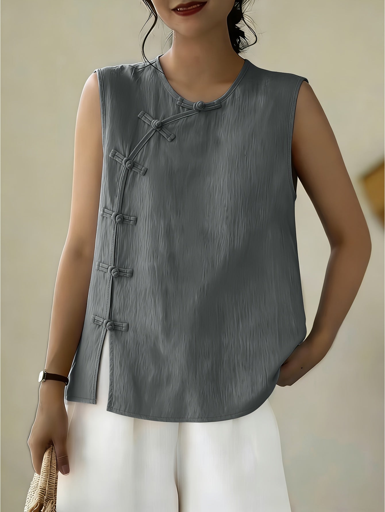 Women's Sleeveless Button Front Blouse – Crew Neck Casual Summer Tank Top