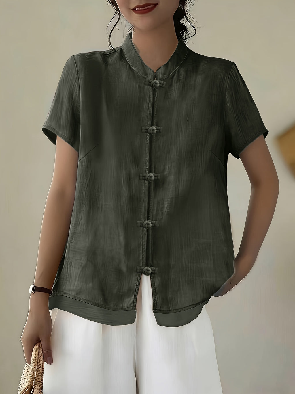 Women's Mandarin Collar Button Front Blouse – Short Sleeve Casual Viscose Shirt