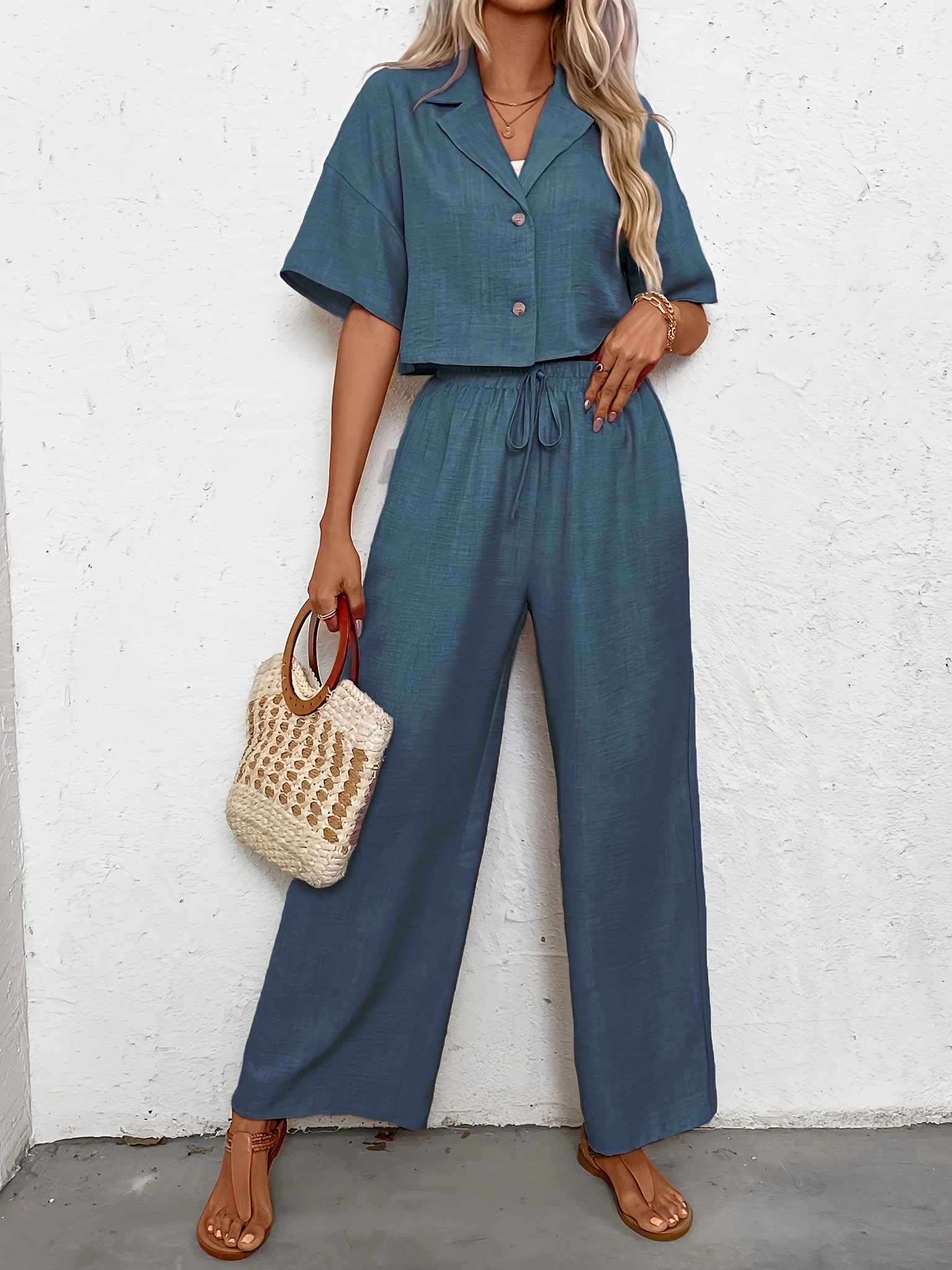 Women's Button Front Two-Piece Outfit – Short Sleeve Shirt & Wide Leg Pants Set