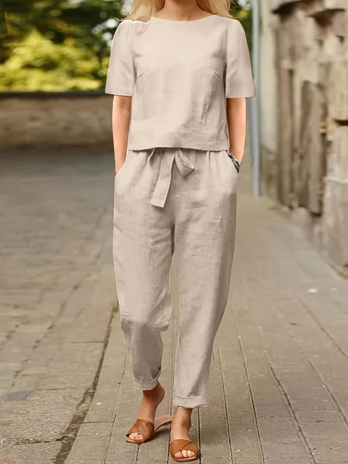 Women's Casual Two-Piece Outfit – Short Sleeve Top & Wide Leg Pants Set