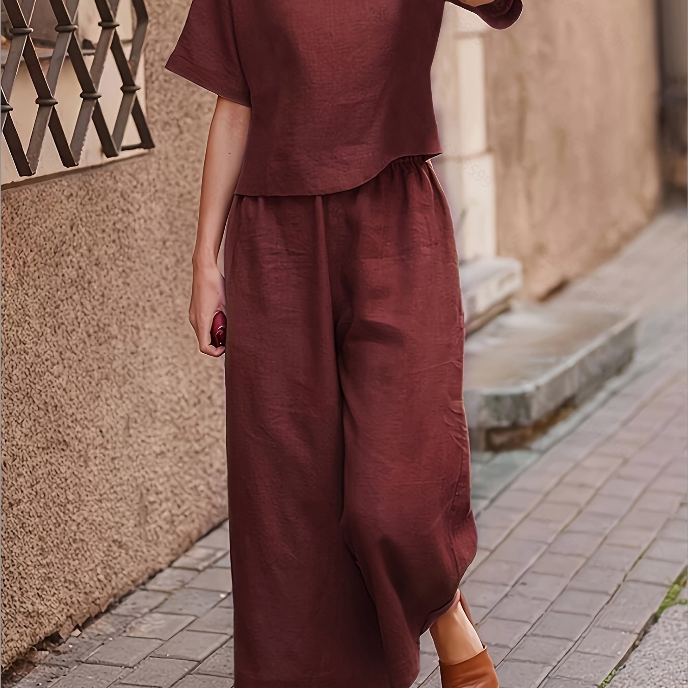 Women's Casual Two-Piece Outfit – Crew Neck Short Sleeve Top & Wide Leg Pants Set