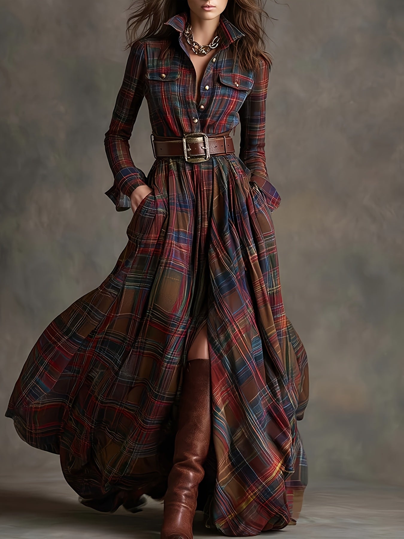Women's Vintage Plaid Long Sleeve Maxi Shirt Dress with Button Front