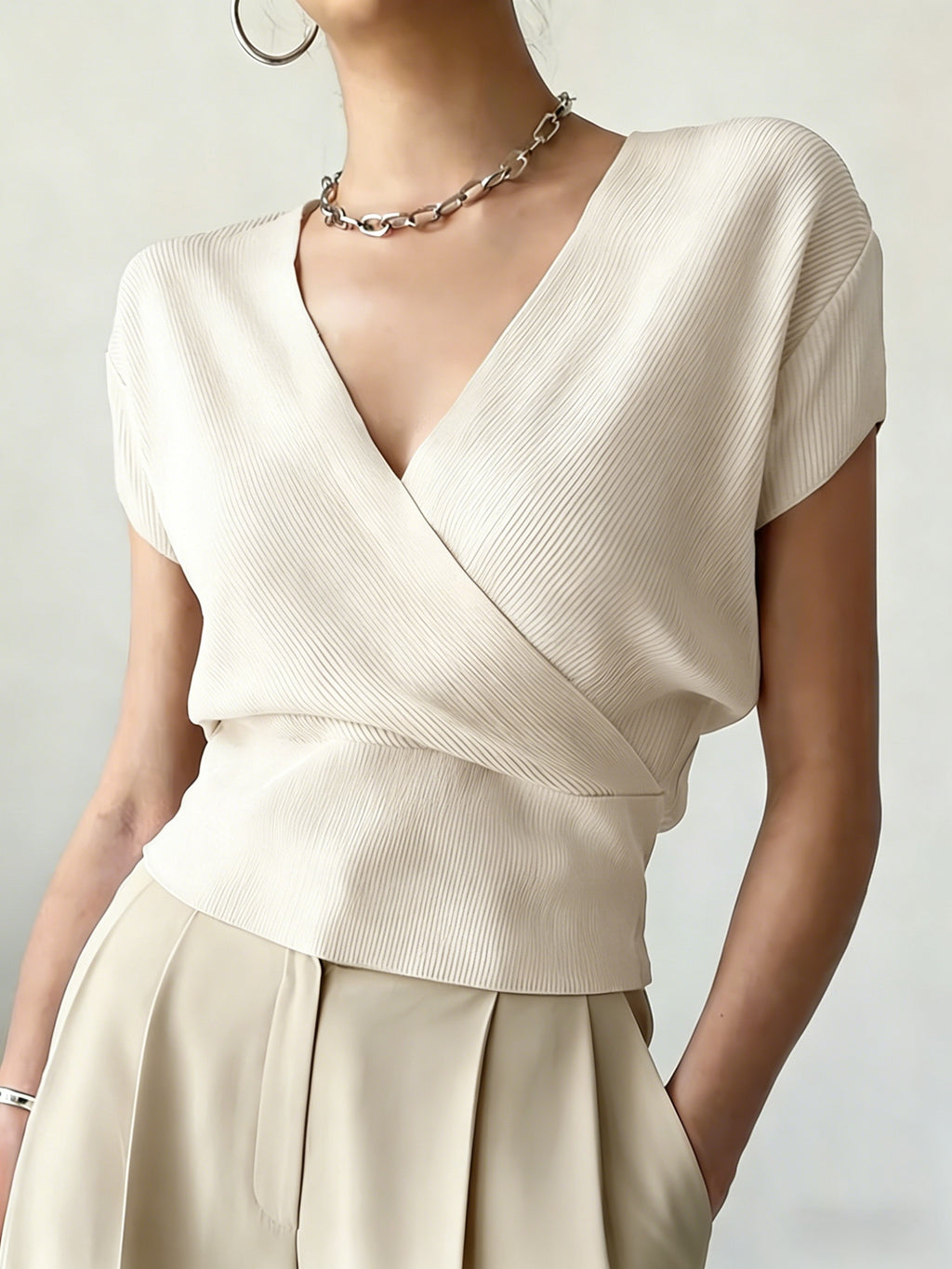 Women's Cross V-Neck Short Sleeve Blouse – Loose Fit Summer Wrap Top