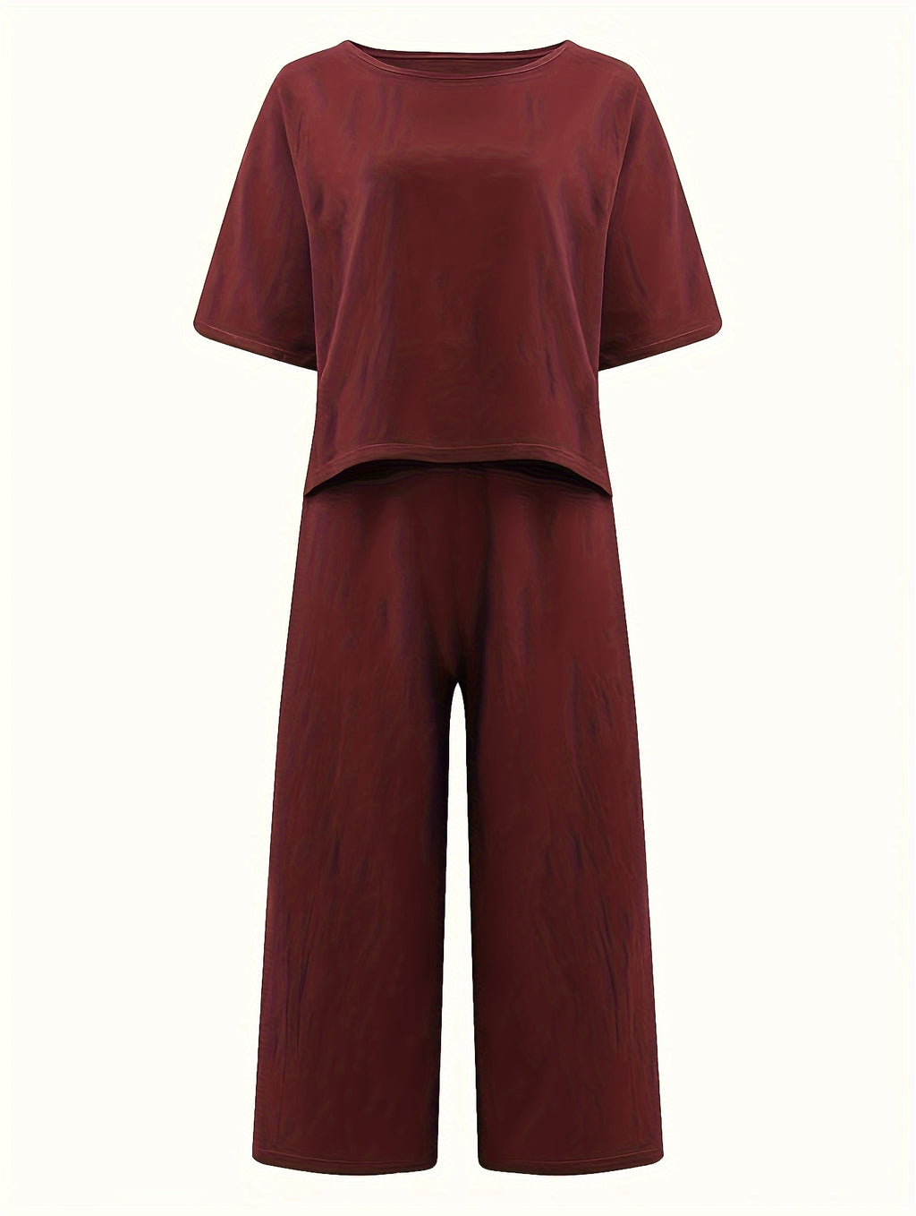 Women's Casual Two-Piece Outfit – Crew Neck Short Sleeve Top & Wide Leg Pants Set