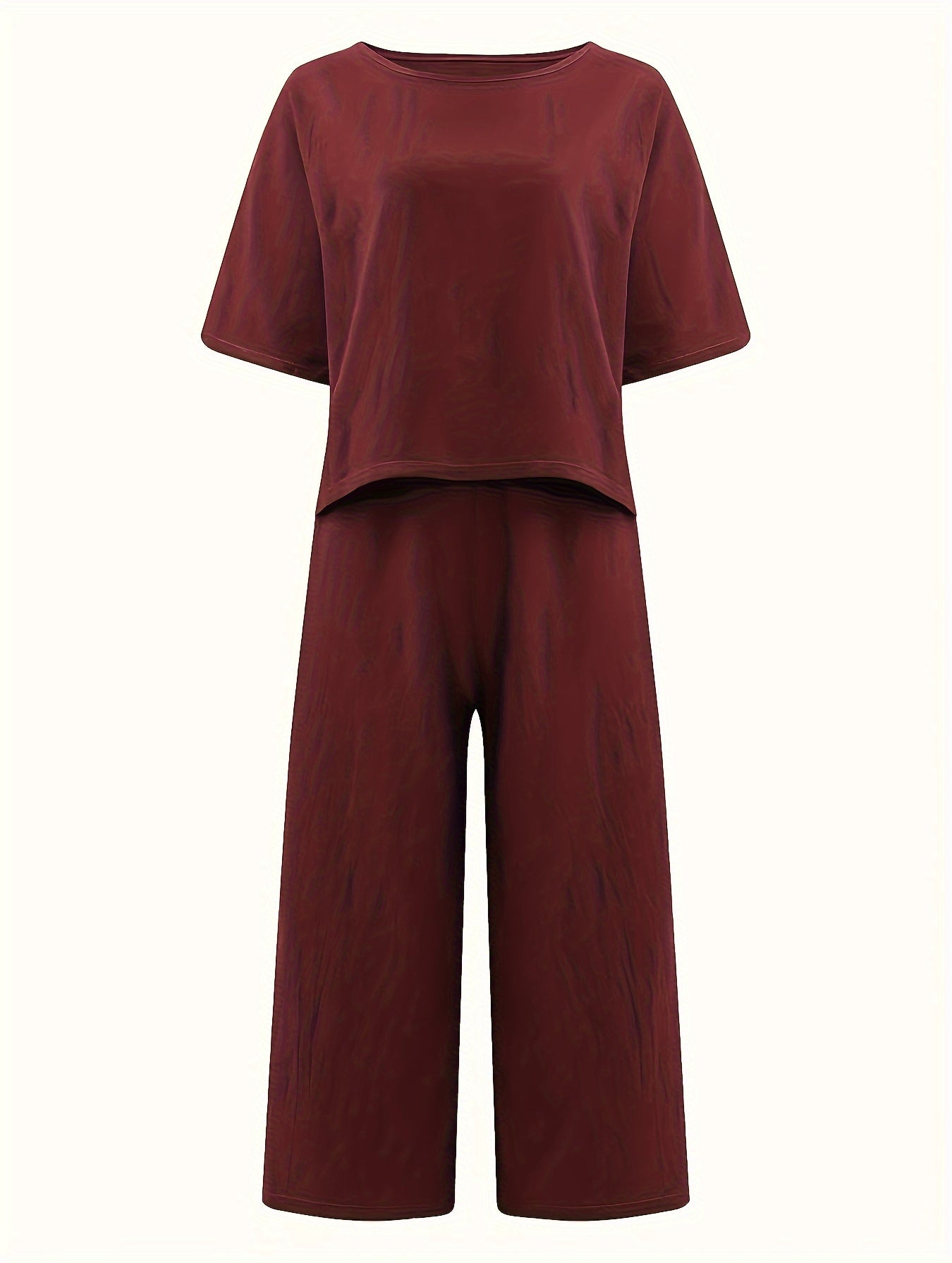 Women's Casual Two-Piece Outfit – Crew Neck Short Sleeve Top & Wide Leg Pants Set