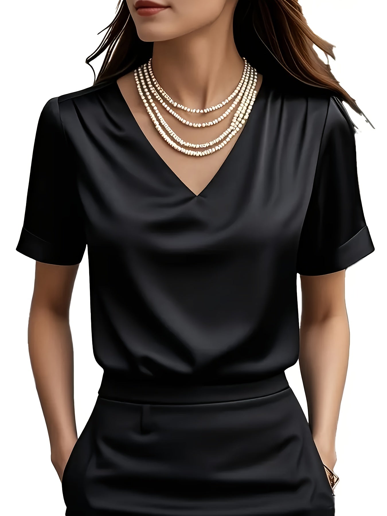 Women's Satin V-Neck Short Sleeve Blouse – Elegant Solid Color Casual Top