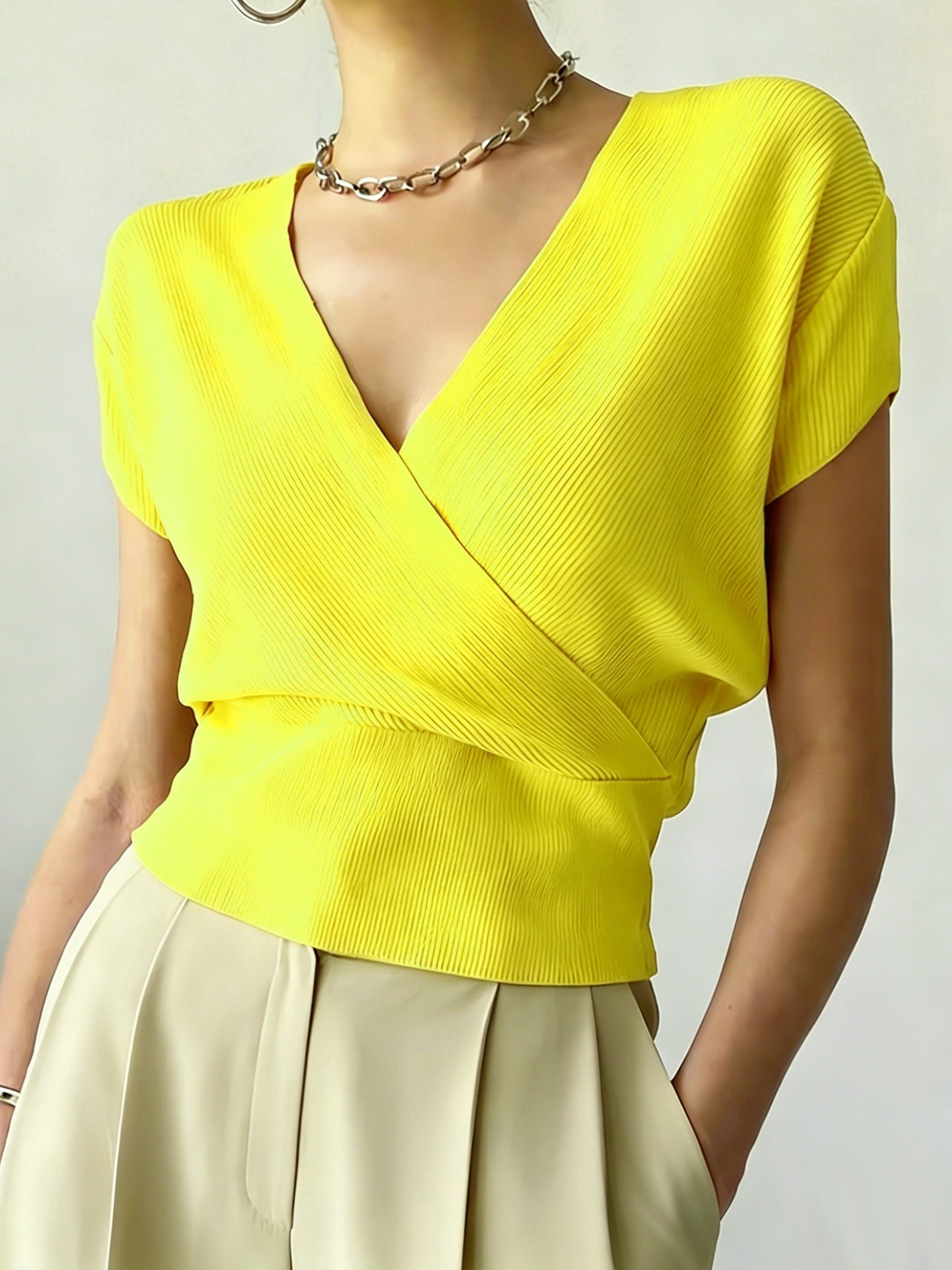 Women's Cross V-Neck Short Sleeve Blouse – Loose Fit Summer Wrap Top
