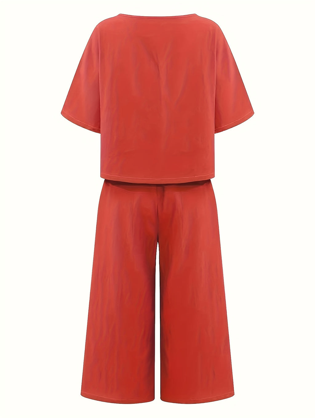 Women's Casual Two-Piece Outfit – Crew Neck Short Sleeve Top & Wide Leg Pants Set